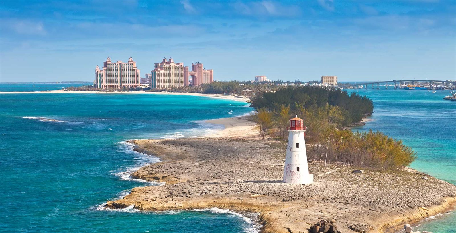 Nassau lighthouse and Paradise Island from the air